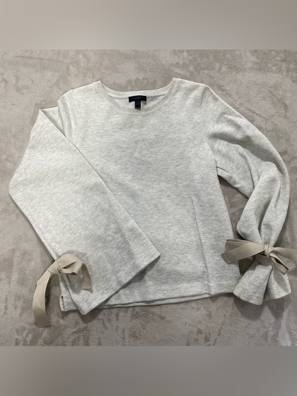 J.Crew Tie Sleeve Sweatshirt Heather Oatmeal Bell Sleeve Ribbon Bow Pullover